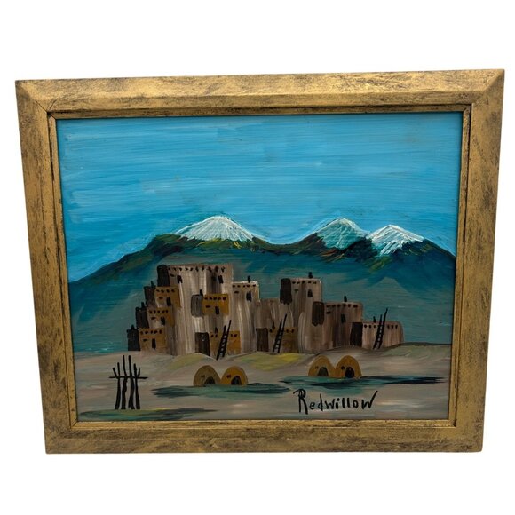 Framed Southwestern Village w/ Mountains Painting Signed Redwillow 10" x 8" - Picture 1 of 4
